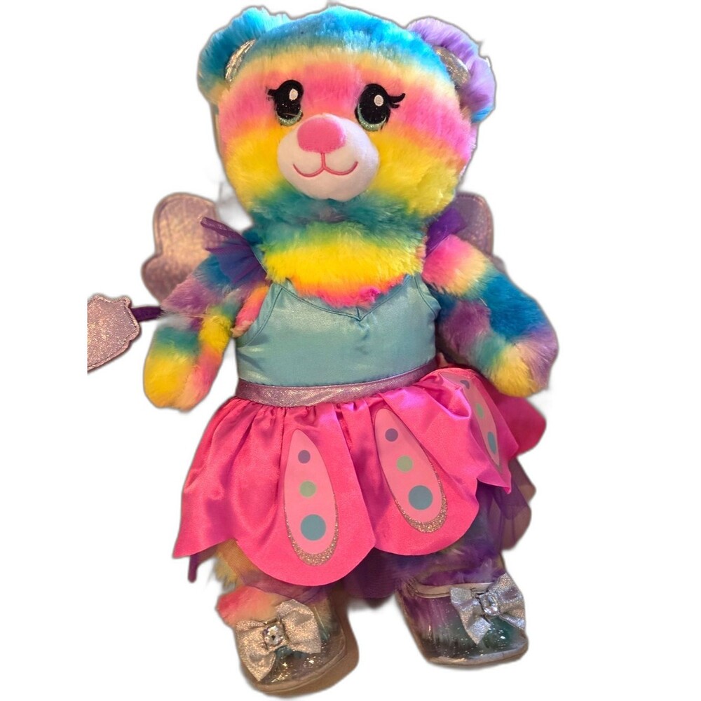 Build-A-Bear Rainbow Teddy w/ Frozen Song Sound Box + Fairy Outfit Bundle